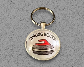 NEW* Curling Keychain - Glass Keychain - Curling Key Ring - Winter Sports Keychain - Glass Cabochon Keychain - Olympics Gift - Hand Drawing