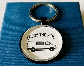 Van Keychain - Travel Key Chain - Van Life Key Ring -  Traveler Gift - Enjoy The Ride - Road Trip Souvenir - Glass Keychain - Hand Drawing
