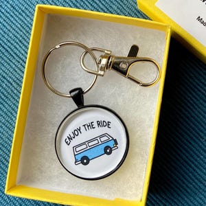 Van Keychain - Van Life Key Ring - Glass Tile Keychain - Hippie Van - Hand Drawn Camper Art