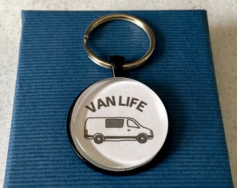 Van Life Keychain - Camper Van Key Ring - Travel Keychain - Glass Keychain - Hand Drawing