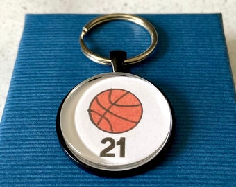 Personalized Basketball Keychain - Glass Key Ring - Sports Keychain - Glass Cabochon Keychain - Basketball Player Gift - Hand Drawing