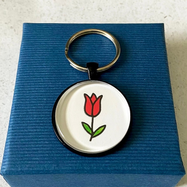 Tulip Keychain - Red Flower Keychain - Spring Gift - Glass Tile Key Ring - Hand Drawing