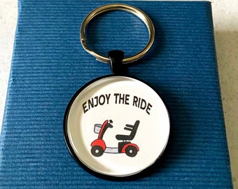 Mobility Scooter Key Chain - Wheelchair Keychain - Disability Pride - Electric Powered Scooter Key Ring- Glass Tile - Hand Drawing