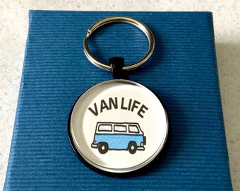 Van Life Keychain - Travel Gift - RV Key Ring - Camper Key Chain - Glass Tile Keychain - Hippie Van - Road Trip Gift - Hand Drawing