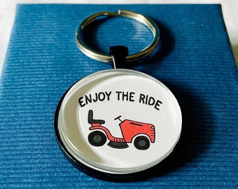 Lawn Mower Keychain - Riding Mower Key Chain - Landscaper Gift - Gardening Key Ring - Tractor Mower Keychain - Glass Tile - Hand Drawing