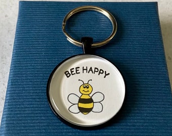 Bee Happy Keychain - Glass Keychain - Bee Key Ring - Inspirational Keychain - Glass Cabochon Keychain, Motivational Gift,  Hand Drawing