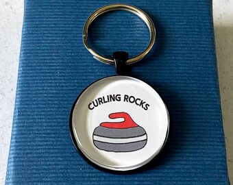 Curling Keychain - Glass Tile Keychain - Curling Key Ring - Winter Sports Keychain - Curling Rocks Key Chain - Olympics Gift - Hand Drawing