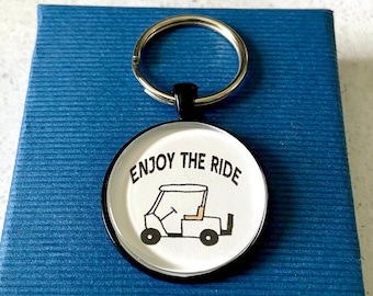 Golf Cart Keychain - Glass Tile Keychain - Golf Key Ring  -Golf Bag Charm - Gift for Dad - Stocking Stuffer - Hand Drawing
