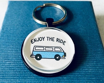 Van Keychain - Travel Gift - Van Life Key Ring - Enjoy The Ride Key Chain - Glass Tile Keychain - Hippie Van - Road Trip Gift - Hand Drawing