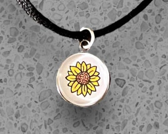 Sunflower Necklace  or Charm - Zipper Pull - Glass Tile Charm - Summer Gift - Boho Jewelry - Flower Pendant - Hand Drawing - STAINLESS STEEL