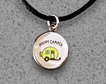 Camper Necklace  or Charm -  Zipper Pull - Glass Tile Charm - Travel Jewelry - Happy Camper Charm - RV Necklace - STAINLESS STEEL