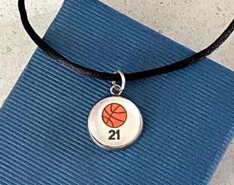 Personalized Basketball Necklace  or Charm -  Glass Tile Charm - Sports Number Charm - Basketball Pendant - Sports Charm - STAINLESS STEEL