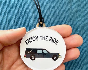 Hearse Ornament – Acrylic and Wood Christmas Ornament with Hand Drawing