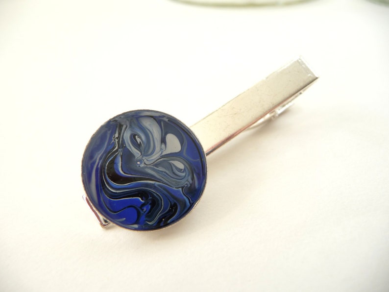 Handpainted Blue Marbled Swirl Tie Clip by PassionInAction