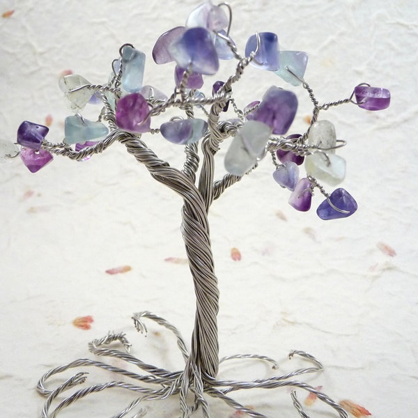 Miniature Desktop Fairy Garden Wire Tree of Life Bonsai Sculpture with Genuine Rainbow Fluorite Gemstones by PassionInAction