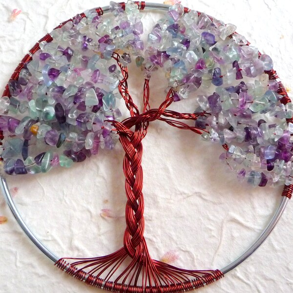 LARGE 5 inch Tree of Life Suncatcher with Brown Copper Wire and 300 + Genuine Fluorite Gemstone Chips