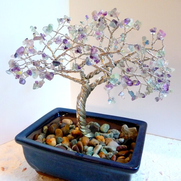 Wire Tree Sculpture With 350+ Genuine Fluorite Gemstones in Handmade Ceramic Bonsai Pot