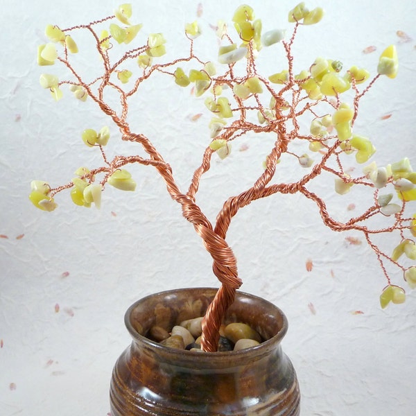 Wire Tree of Life Sculpture With Golden Quartz Gemstones and Bright Copper Wire in Ceramic Pot by PassionInAction