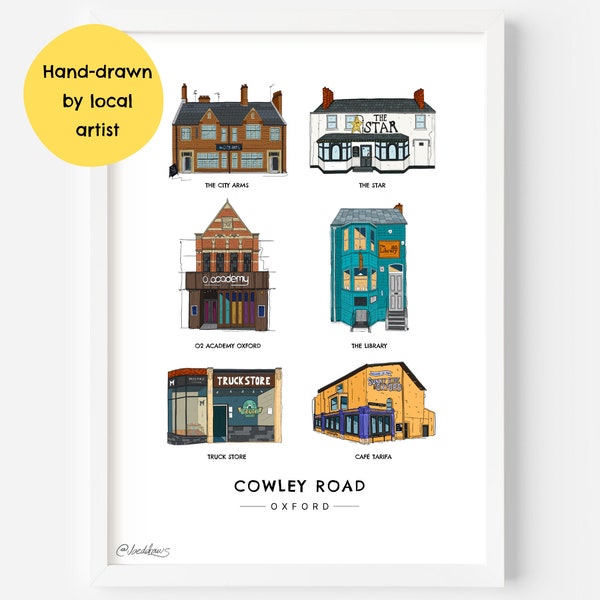 Cowley Road Locations Wall Art Print, Oxford - City Arms, The Star, The Library, Truck Store, O2 Academy, Student Gift - Illustration Poster