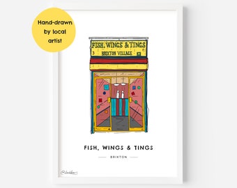 Fish, Wings & Tings Brixton Wall Art Print SW9 - South London, Stockwell, Village, Market Row, Food Gift - Illustration Poster