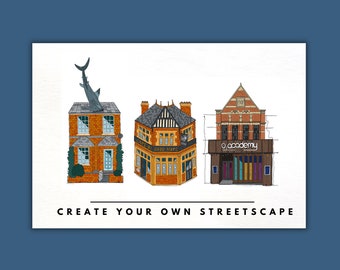 Create Your Own Personalised Streetscape, Custom, Bespoke, Illustration Print Poster, Landmarks, Pubs, Music Venue, Wall Art, Size A4, A3
