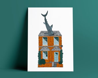 Oxford Shark House, Illustration Print Poster Headington, East, Building, Landmark, Cowley, Brookes University, City, Size A4, A3 Wall Art