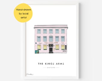 The Kings Arms pub Oxford Wall Art Print OX1 - Bodleian Library, University, Historic, City, Gift, Travel, Student - Illustration Poster