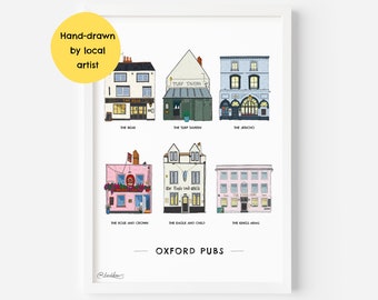 Oxford Pubs Wall Art Print Poster - Turf Tavern, Bear, Jericho, Eagle and Child, Rose and Crown, Kings Arms, University, Gift - Illustration