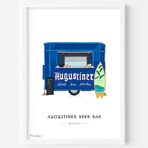 Augustiner Beer Bar Munich Wall Art Print - Hotel Augustin, Germany, Oktoberfest, Beer Garden, Brau, Art Gift - Illustration Poster