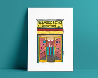 Brixton, Fish, Wings & Tings, Illustration Print Poster, South London, Stockwell, Village, Market Row, Food Gift, SW9, Size A4, A3 Wall Art