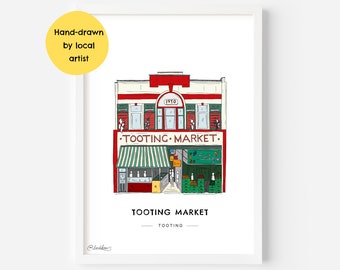 Tooting Market Wandsworth Wall Art Print SW17 - South London, Bec, Brixton, SW17, City, Clapham - Illustration Poster