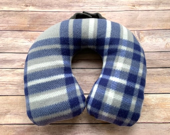 Fleece Travel Neck Pillow: Blue Gray Plaid, Kids & Adults