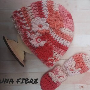 Crocheted Cotton Flower Hat and Thumbless Mitten Set