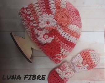 Crocheted Cotton Flower Hat and Thumbless Mitten Set