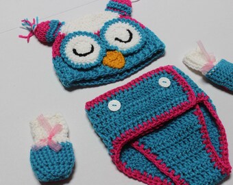 Baby Owl Hat and Diaper Cover Set Teal Blue