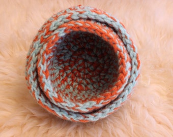 Crochet Nesting Storage Baskets Handmade Marbled Orange/Mint Green