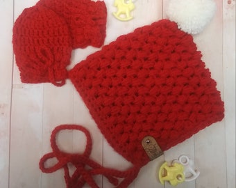 Baby Pixie Hat with Thumbless Mitten Set Bonnett Red Set