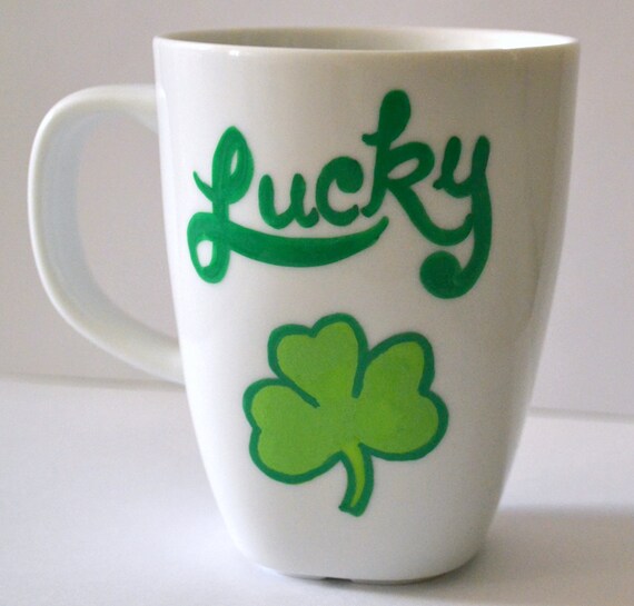 Items similar to Lucky Shamrock Coffee Mug St Patricks Day Four Leaf