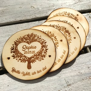 5x Geburtskarten aus Holz personalisiert mit Name, rund mit Lebensbaum / Grusskarten Vintage aus Holz / Holzkarten zur Geburt