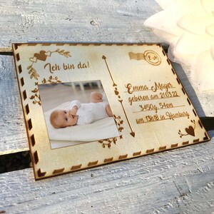 Geburtskarte personalisiert mit Name, Geburtsdaten und Foto / Grusskarte Vintage aus Holz / Postkarte Vintage / Geburtstafel personalisiert