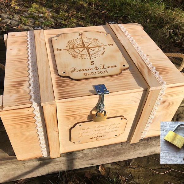 Große Erinnerungsbox zur Hochzeit | Holzkiste mit Namen | Erinnerungskiste | Kompass | Holzbox zur Hochzeit mit Schloss | Hochzeitsgeschenk