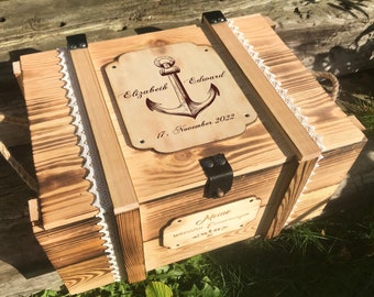 Grande boîte de mariage maritime avec ancre / boîte à souvenirs de mariage / cadeau de mariage / boîte à souvenirs de mariage / boîte en bois avec gravure