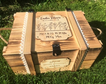 Caja grande de recuerdos para bebés personalizada con nombre y flores secas / cajas de recuerdos para bebés / caja de nacimiento de madera / caja de madera personalizada