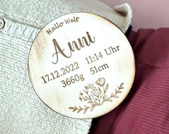 Wooden milestone disc personalized with name and dates of birth, round / Boho wooden name plate / Wooden card for the birth