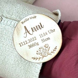 Wooden milestone disc personalized with name and dates of birth, round / Boho wooden name plate / Wooden card for the birth image 1