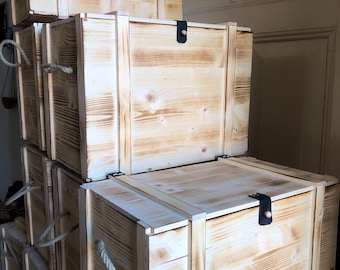XXL wooden boxes with or without lids, flamed, each with two hemp rope handles / XXL storage boxes / remaining stock offer