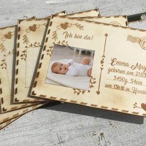 5x geboortekaartjes gepersonaliseerd met naam, geboortedatum en foto / wenskaarten vintage van hout / ansichtkaarten vintage voor geboorte