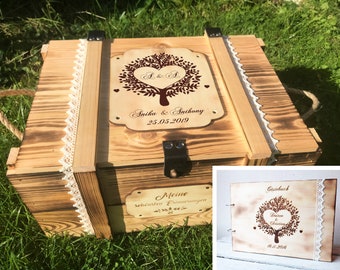 Grande boîte de mariage + livre d'or personnalisé avec arbre de vie en bois / cadeaux de mariage / boîte de mariage / livre d'or de mariage