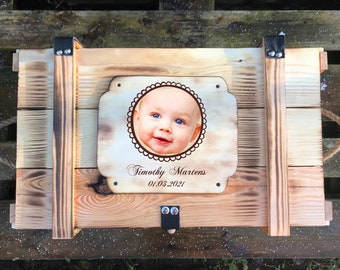 XXL Grosse Erinnerungskiste Vintage personalisiert mit eigenes Foto / Baby Erinnerungsboxen / Babygeschenk mit Foto / Holzbox / Truhe