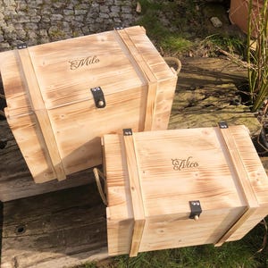 Könnte beinhalten: Zwei Holz-Aufbewahrungskisten mit Seilgriffen und Metallverschlüssen. Die obere Kiste ist mit "Milo" in Schreibschrift beschriftet, und die untere Kiste ist mit "Nico" beschriftet. Die Kisten sind aus hellem Holz.